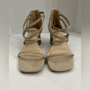 Joie Felina Women Beige Braided Open Toe Strappy Block Heel Sandals Size 9.5